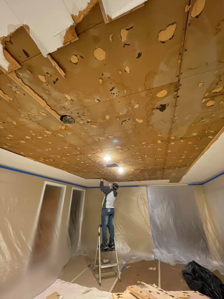 Contractor removed ceiling to build new ceiling. The entire room is covered in plastic to protect it.