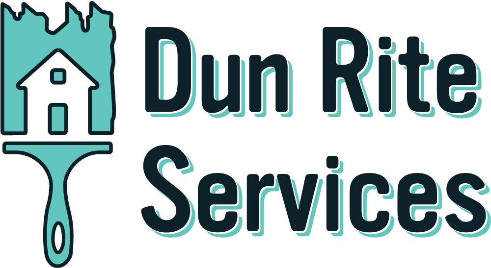 Dun Rite Services logo with paintbrush and house icon in turquoise and dark black green