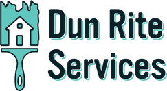 Dun Rite Services logo with paintbrush and house icon in turquoise and dark black green
